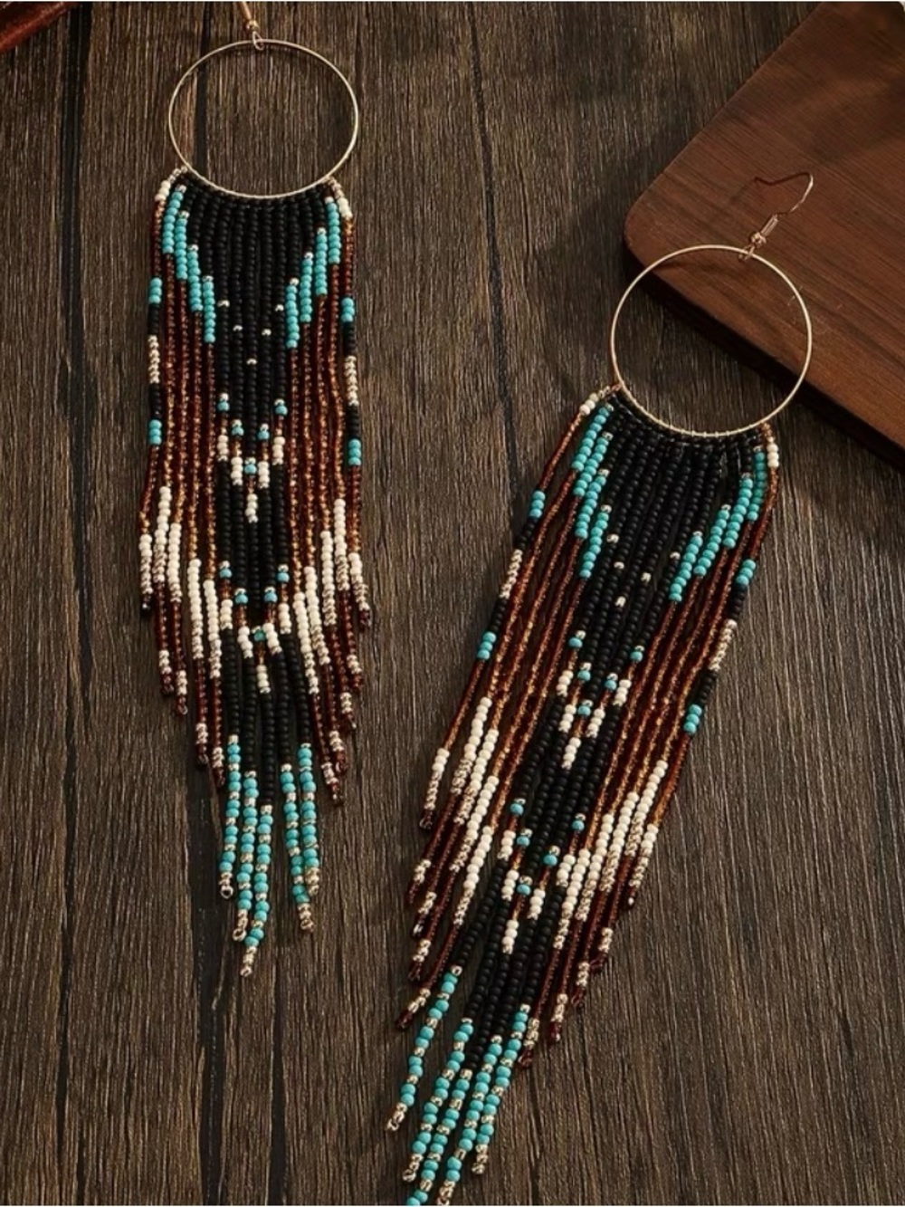 Bohemian Turquoise & Brown Beaded Fringe Hoop Earrings